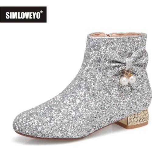 SIMLOVEYO Princess Ankle Boots Bowtie Pearl Crystal Sequined Cloth Round Toe Shiny Zip 2.5cm Short Heel US12 Gold Silver A4214