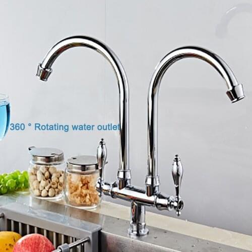 Kitchen Faucet Double Handle Double Pipe Single Cold Tap Brass Sink Faucets Vertical Chrome Basin Water Tap European Vase Faucet