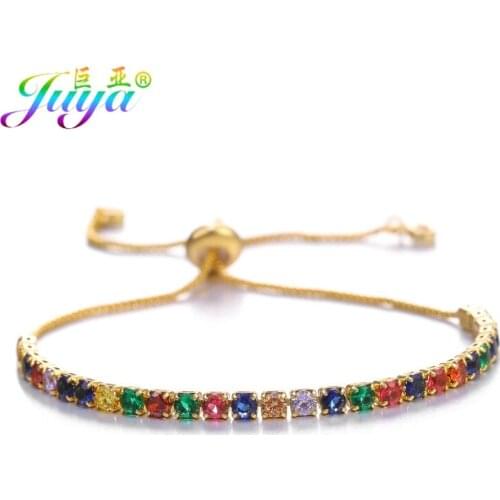 Juya Ali Moda Rainbow Austrian Crystals Tennis Bracelets For Women Gold//Rose Gold Adjustable Claw Chains Fine Bracelets