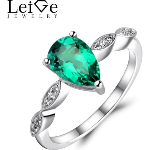 Leige Jewelry Tear Drop Shape Emerald Ring Green Gemstone Engagement Rings for Women Silver 925 Jewelry May Birthstone