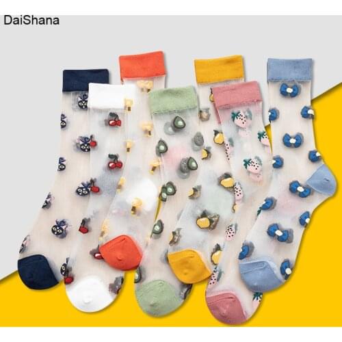 1Pairs New Product High Quality Women Socks Harajuku Crystal Slik Tide Socks Funny Fruite Avocado Cherry Peach Happy Cute Socks