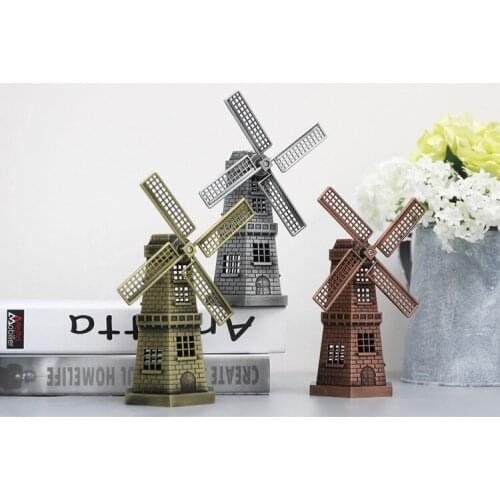1PC Retro Style Windmill Metal Model Holland Windmill Craft Gift Manual Rotation Home Decorations Desktop Gift JL 266