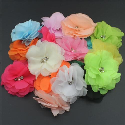 10pcs/lot 2.5" Pearl Rhinestone Chiffon Flowers For Baby Girls Headbands Barefeet Sandals Clothes Sewing Photo Props Accessories