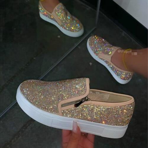 2020 Women Flat Loafers Woman Shinning Crystal Rhinestone Female Autumn Big Size Flat Platform Womens Design Slip On Shoes