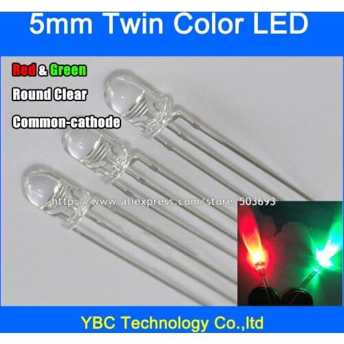 500pcs/lot 5mm Red Green LED Common Cathode 3Pin F5 Round Water Clear Diodes