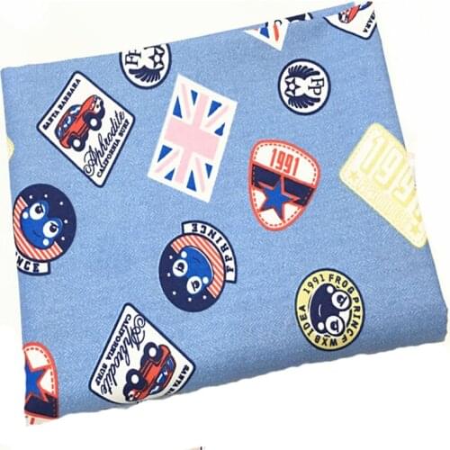 50x160cm Denim Blue Cartoon Badges Printed Cotton Fabric Clothing Quilting Bedding DIY sewing Fabric
