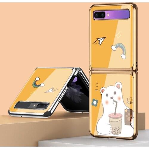 Z Flip 3 Funda Case for Samsung Galaxy Z Flip 3 Z Fold 3 W22 5G Milk Tea White Bear Tempered Glass Phone Case Cover Z Flip3