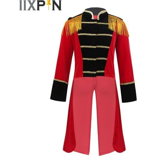 Kids Boys Circus Ringmaster Costume Long Sleeves Stand Collar Fringes Gold Trimmings Tailcoat Jacket Halloween Cosplay Party