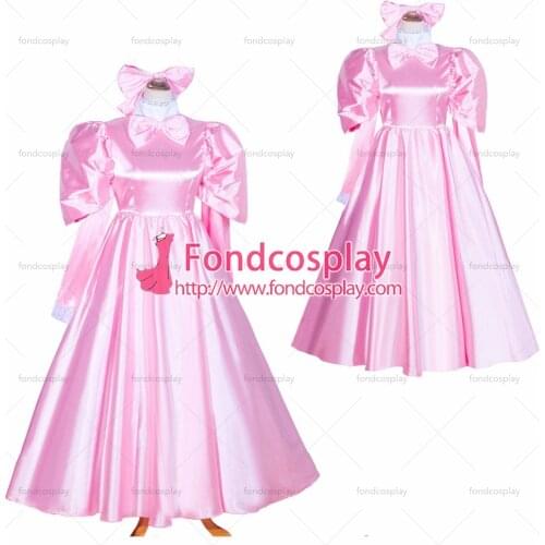 French Sissy Maid Lockable Baby Pink satin long Dress Uniform Cosplay Costume Tailor-made[G4036]