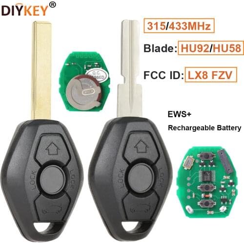 KEYECU EWS Rechargeable Battery 3 Button Remote Key FOB 433MHz With ID44 Chip for BMW 3 5 X series Uncut HU92 Blade