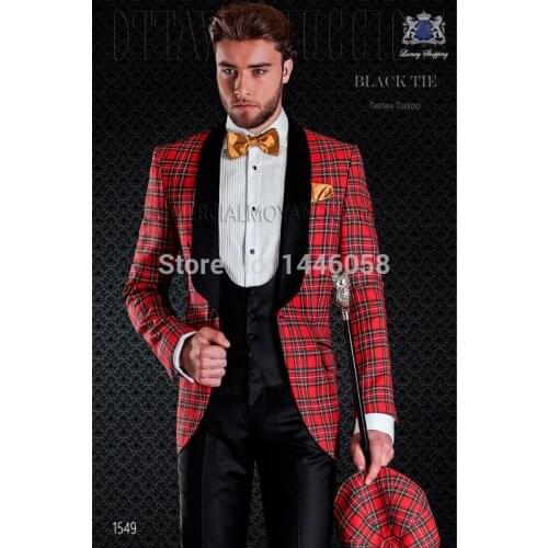 JELTONEWIN 2021 Custom Made Red Italian Plaid Formal Men Suits For Wedding Dinner Party Groom Tuxedo Jacket Vest Pants 3 Pieces
