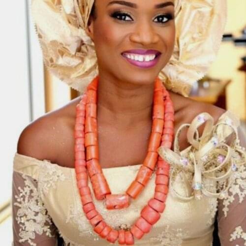 4UJewelry African Jewelry Nature Coral Beads Nigerian Edo Traditional Weddings Bridal Jewelry Set 2 Rows 12-20 mm Necklace Set