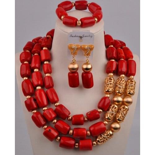 Red Coral Necklace Jewelry Set Nigeria Coral Beads African Wedding Bridal Jewelry Sets 21-F3-F