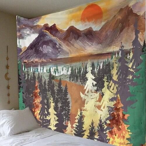 Nature Landscape Tapestry Wall Hanging Mountain Sunset Forest Trees Art Tapestry Big Carpet Blanket for Home Office Bedroom New