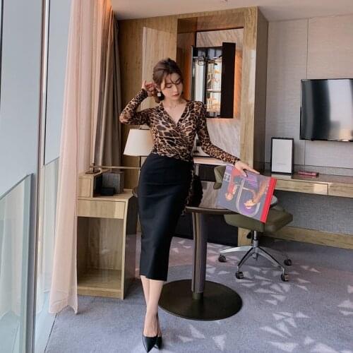 New arrival comfortable high quality formal women sets v-neck leopard sexy shirt and long black pencil skirt elegant women sets
