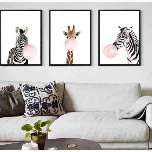 Bubble Chewing Deer Giraffe Elephant Animal Canvas Painting Poster and Print Wall Art Nordic Style For Kids Room Decor Unframed