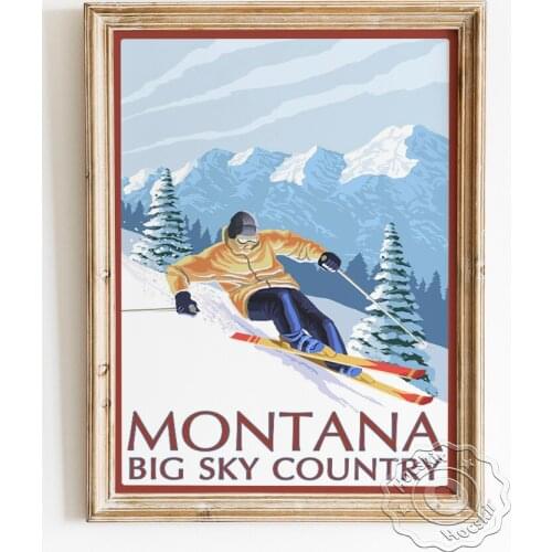 Montana Skiing Travel Advertising Poster, Big Sky Country Landscape Decorative Painting, Downhill Skier Wall Art Canvas Prints