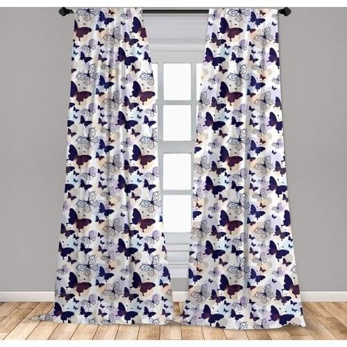 Butterfly Curtains Silhouettes and with Swirled Curly Wings on Pastel Color Blots Window Drapes for Living Room Bedroom