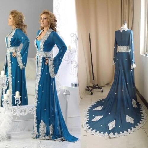 Blue Muslim Evening Dresses A-line Long Sleeves Chiffon Appliques Beaded Moroccan Kaftan Dubai Saudi Arabia Long Prom Dress Gown