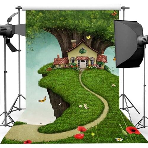 Fairy Tree House Backdrop Green Lawn Flower Butterfly Children Birthday Photography Backdrops Newborn Baby Kids Photo Background