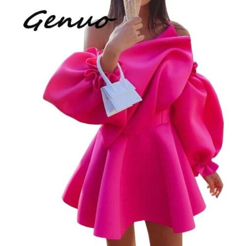 Party Dress Mini Sexy Pleated Puff Sleeve One Shoulder Spaghetti Strap Women Backless Clubwear Dinner Night Tunics Femme Robes