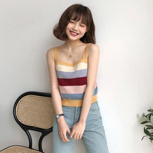 Women Rainbow Stripe Tops Sexy Bare Midriff Knitted Tops Women Sleeveless Summer Cute Tops Camis For Women