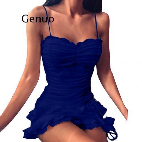 Women Sexy Solid Color Drawstring Ruched Lacing Ruffled Hem Mini Sling Dress sexy summer fashion women mini dress Club Vestidos