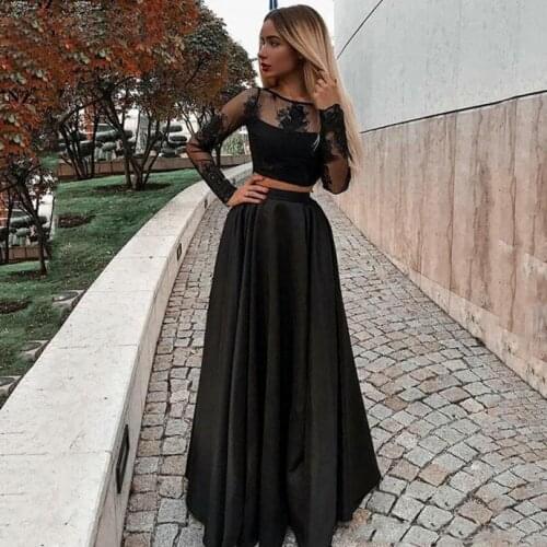 Two Pieces Black A Line Evening Dresses with Lace Applique Long Sleeves Bride Vestidos De Novia Cheap Prom Formal Gowns