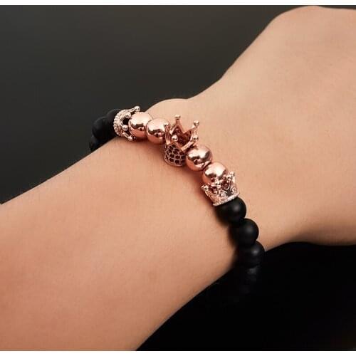 1pc Fashion Micro King Crown Charm Bracelet Handmade Stretch Mens 8mm Copper Beads Women Bracelet Bangle Jewelry 2021