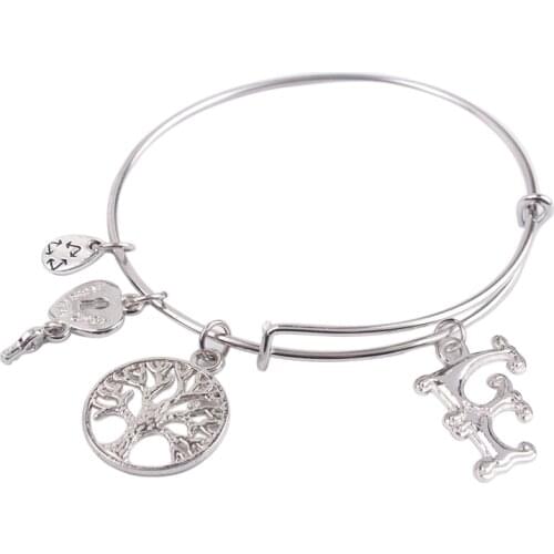 5PCS Silver Color Tone Initial F Letter Expandable Wire Bangle #91289