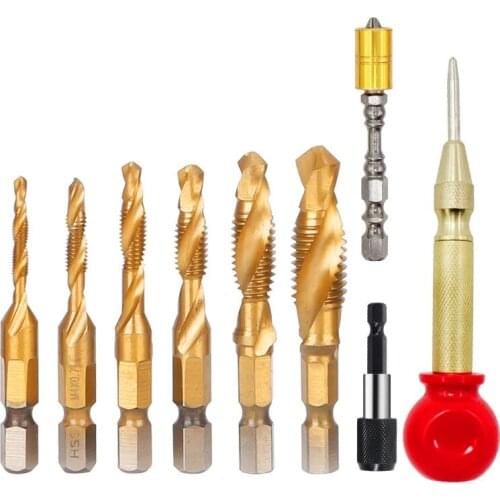 9Pcs Titanium Coated HSS Spiral Flute Metric Taps Set Tap Bits 1/4Inch Hex Shank Screw Taps Tool Set(M3 M4 M5 M6 M8 M10)