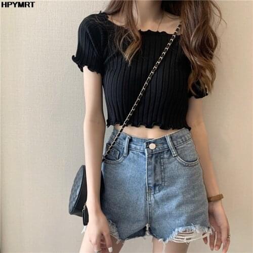 Black Off Shoulder Knitting Women T-shirt Crop Tops Women Short Sleeve Stretchy Ruffles Hem t shirt Stripes For womens t-shirts