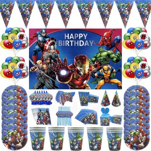 Disney Superhero Party Supplies Decoration Balloon Kids Toys Baby Shower Birthday Disposable Cup Plate Avenger Backdrops Decor