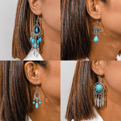 Long Drop Antique Hollow Green Stone Heart Butterfly Dream Catcher Earrings for Women Female Ethnic Earring Vintage Jewelry