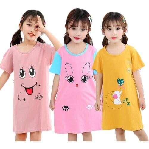 Home Dress for Teenage 2-13 Years Summer Rabbit Cartoon Night Dress Pink Princess Pajamas Kids Girl Nightgown Girls Sleepwear