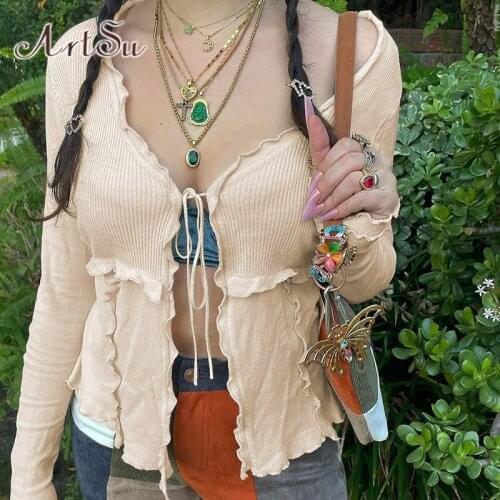 ArtSu Long Sleeve T-Shirts Autumn Y2K Clothes V Neck Lace Up Streetwear Patchwork Ruffles White Top Sexy Tee Shirt Femme T-shirt