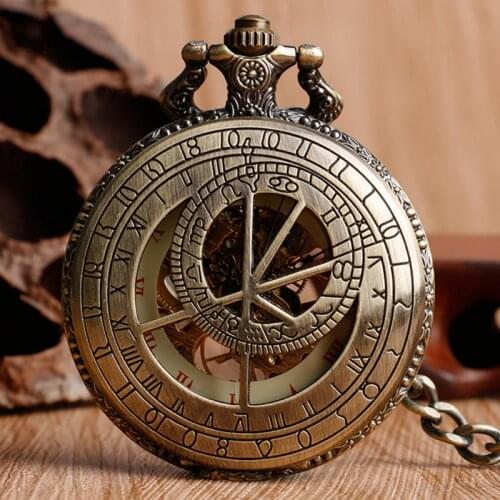 Steampunk Pocket Watch Prague Constellation Copper Mechanical Hand Winding Compass Clock Roman Number Dial Pendant Chain Collect