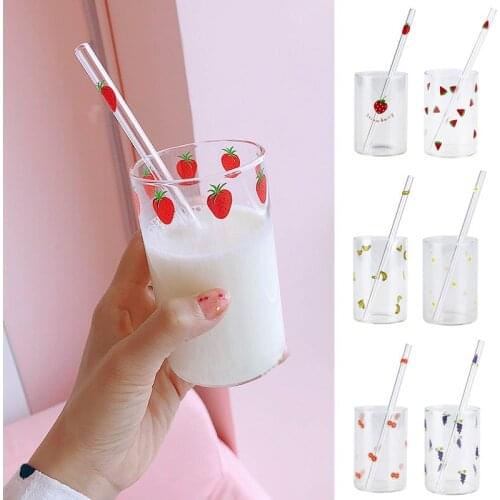 Strawberry Cute Glass Cup With Straw Creative Transparent Water Cup Student Milk Heat Resistant Glass #C #8