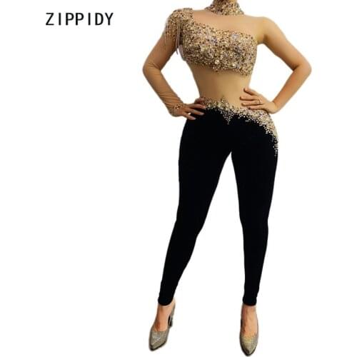 Multi-color Rhinestones Fringe Transparent Sleeve Jumpsuit Black Velvet Leggings Dance Outfit Bar Singer Wear Outfit