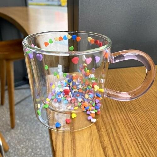 Korean Double Layer Love Quicksand Glass Cup Cute Girl Heart Creative Water Cup Transparent Juice Goblet