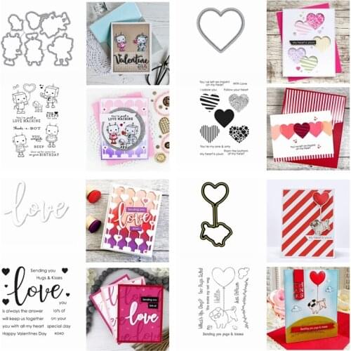 Love Words Blessing Sentences Heart Shape Metal Cutting Dies With Clear Stamps Cute Robot Dog DIY Craft Embossing Template 2020