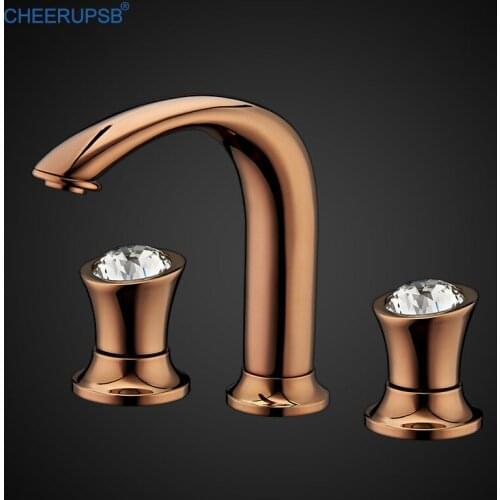 Bathroom Basin Sink Copper Faucet Hot Cold Water Mixer Crane Dual Handle Three Hole Crystal Tap Stream Deck Mount Torneira Grifo