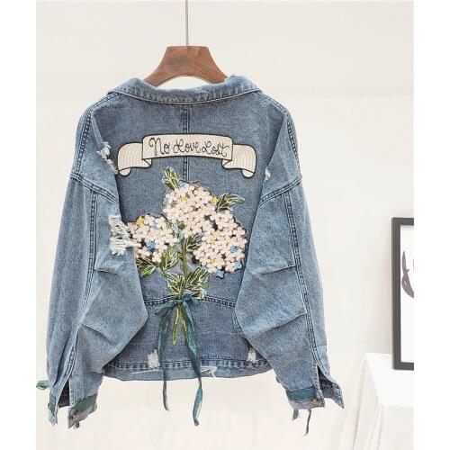 Fashion Embroidery Holes Denim Jacket Women Student Outerwear Harajuku Big size Loose Long sleeve Short Jeans Jacket Coat Female