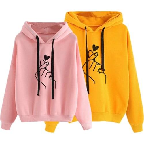 Autumn Winter Running Sport Hoodies Harajuku Pullovers Womens Casual Kpop Finger Heart Love Print Hooded Sweatshirts Hoodies
