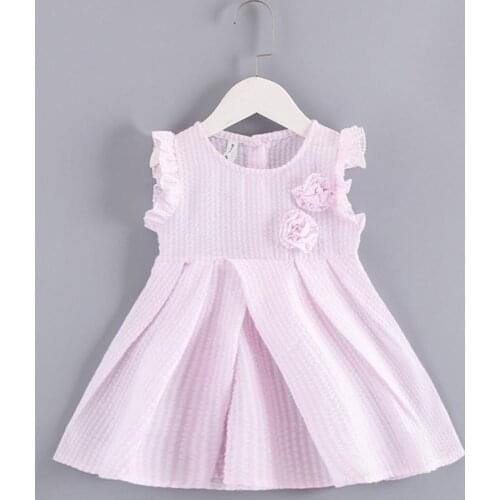 Dress Round Neck Vertical Button Placket Breathable Stripes Pleated Children Girls Middle Length Button Placket Dress for Hiking