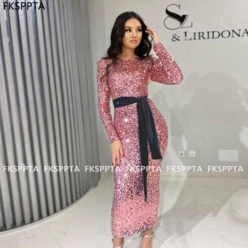 Dusty Rose Sequin Prom Dresses Long Sleeves Sheath Sparkly African Girls Graduation Gowns Short Prom Dress Plus Size