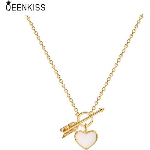 QEENKISS NC732 Fine Jewelry Wholesale Fashion Woman Birthday Wedding Gift One Arrow Heart AAA Zircon Clavicle Pendant Necklace