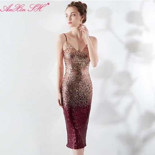 AnXin SH vintage silvery blue short evening dress Party spaghetti strap sequins wine red evening dress Little black dress 16151