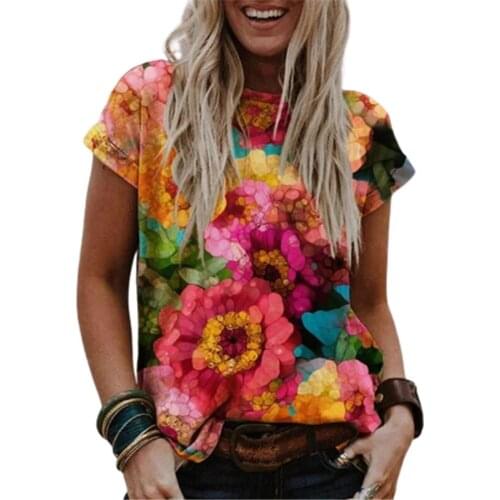 Vintage Floral Print O-neck T-shirt Top Summer Women New Casual Loose Short Sleeve Tee Pullover Oversize Korean 5XL Plus Size