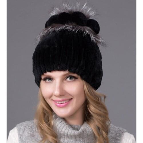 Womens Autumn/Winter Faux Fur Hat Real Rex Rabbit Fur & Fox Hair Ball Knit Hat Womens Warm Natural Rabbit Hat THY-06